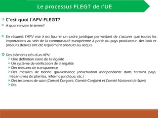 INTRODUCTION
Le processus FLEGT de l’UE
 C’est quoi l’APV-FLEGT?
 A quoi renvoie le terme?
 En résumé: l’APV vise à est fournir un cadre juridique permettant de s’assurer que toutes les
importations au sein de la communauté européenne à partir du pays producteur, des bois et
produits dérivés ont été légalement produits ou acquis
 Des éléments clés d’un APV:
 Une définition claire de la légalité
 Un système de vérification de la légalité
 Des mesures de transparence
 Des mesures de bonne gouvernance (observation indépendante dans certains pays,
mécanismes de plaintes, réforme juridique, etc.)
 Des instances de suivi (Conseil Conjoint, Comité Conjoint et Comité National de Suivi)
 Etc.
 