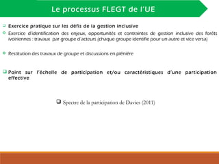 INTRODUCTION
Le processus FLEGT de l’UE
 Exercice pratique sur les défis de la gestion inclusive
 Exercice d’identification des enjeux, opportunités et contraintes de gestion inclusive des forêts
ivoiriennes : travaux par groupe d’acteurs (chaque groupe identifie pour un autre et vice versa)
 Restitution des travaux de groupe et discussions en plénière
 Point sur l’échelle de participation et/ou caractéristiques d’une participation
effective
 Spectre de la participation de Davies (2011)
 