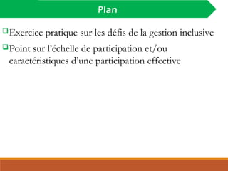 INTRODUCTION
Plan
Exercice pratique sur les défis de la gestion inclusive
Point sur l’échelle de participation et/ou
caractéristiques d’une participation effective
 