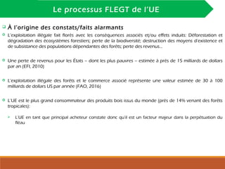 INTRODUCTION
Le processus FLEGT de l’UE
 À l’origine des constats/faits alarmants
 L’exploitation illégale fait florès avec les conséquences associés et/ou effets induits: Déforestation et
dégradation des écosystèmes forestiers; perte de la biodiversité; destruction des moyens d’existence et
de subsistance des populations dépendantes des forêts; perte des revenus…
 Une perte de revenus pour les États – dont les plus pauvres – estimée à près de 15 milliards de dollars
par an (EFI, 2010)
 L’exploitation illégale des forêts et le commerce associé représente une valeur estimée de 30 à 100
milliards de dollars US par année (FAO, 2016)
 L’UE est le plus grand consommateur des produits bois issus du monde (près de 14% venant des forêts
tropicales):
 L’UE en tant que principal acheteur constate donc qu’il est un facteur majeur dans la perpétuation du
fléau
 