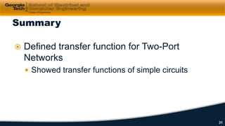  Defined transfer function for Two-Port
Networks
 Showed transfer functions of simple circuits
Summary
31
 