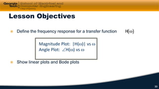  Define the frequency response for a transfer function
 Show linear plots and Bode plots
Lesson Objectives
)(ωH
Magnitude Plot: |H(ω)| vs ω
Angle Plot: ∠H(ω) vs ω
33
 