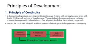 Principles of Development
1. Principle of Continuity
• In the continuity process, development is continuous. It starts with conception and ends with
death. It follows all periods of development. The periods of development occur between
prenatal development to late adulthood. So, all principles follow the continuity approach.
• Human life continues till death. And the process of development also goes on continuously.
 