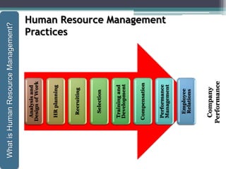 Human Resource Management
PracticesAnalysisand
DesignofWork
HRplanning
Recruiting
Selection
Trainingand
Development
Compensation
Performance
Management
Employee
Relations
Company
Performance
WhatisHumanResourceManagement?
 