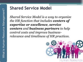 1-21
Shared Service Model is a way to organize
the HR function that includes centers of
expertise or excellence, service
centers and business partners to help
control costs and improve business-
relevance and timeliness of HR practices.
Shared Service Model
WhatisHumanResourceManagement?
 