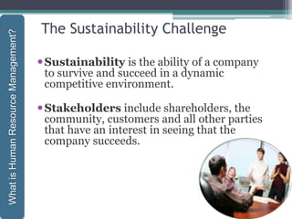 The Sustainability Challenge
Sustainability is the ability of a company
to survive and succeed in a dynamic
competitive environment.
Stakeholders include shareholders, the
community, customers and all other parties
that have an interest in seeing that the
company succeeds.
1-27
WhatisHumanResourceManagement?
 