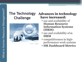 The Technology
Challenge
Advances in technology
have increased:
 use and availability of
Human Resource
Information Systems
(HRIS)
 use and availability of e-
HRM
 competitiveness in high-
performance work systems
 HR Dashboard Metrics
1-32
WhatisHumanResourceManagement?
 