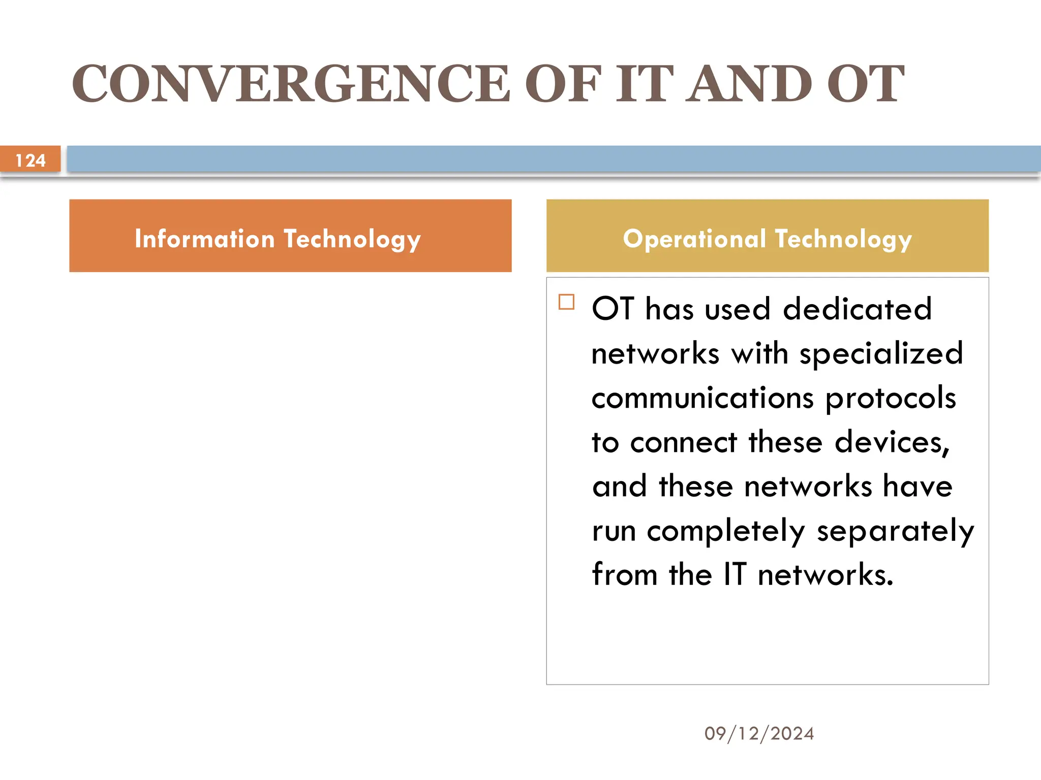 09/12/2024
124
CONVERGENCE OF IT AND OT
 OT has used dedicated
networks with specialized
communications protocols
to connect these devices,
and these networks have
run completely separately
from the IT networks.
Information Technology Operational Technology
 