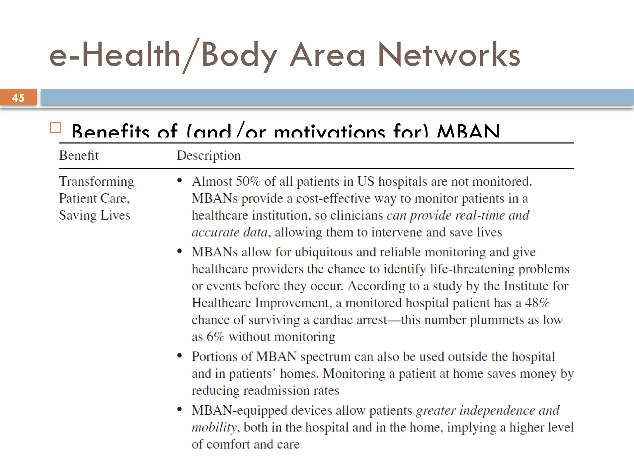 45
e-Health/Body Area Networks
 Benefits of (and/or motivations for) MBAN
technology
 
