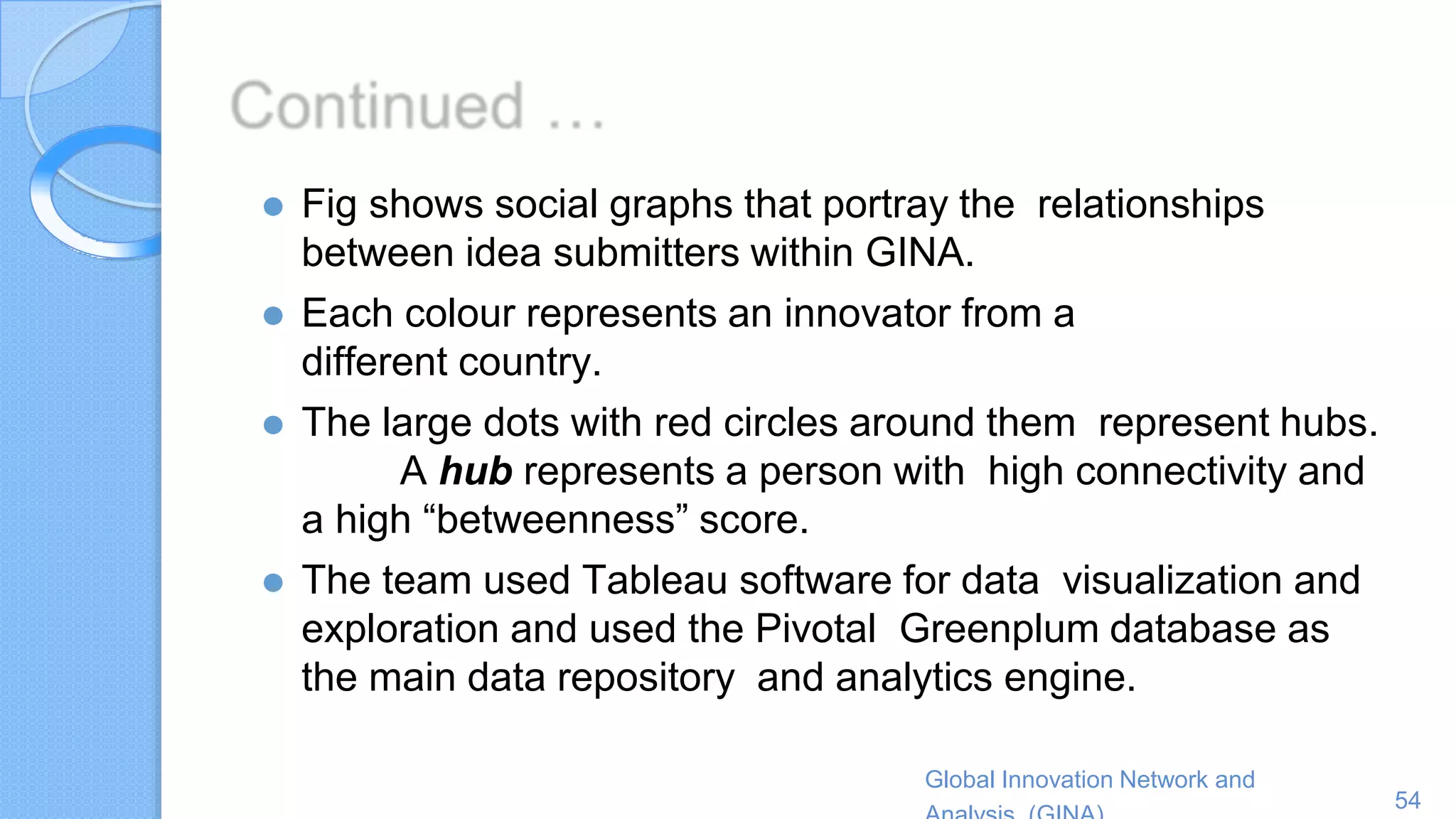 Global Innovation Network and
54
⚫ Fig shows social graphs that portray the relationships
between idea submitters within GINA.
⚫ Each colour represents an innovator from a
different country.
⚫ The large dots with red circles around them represent hubs.
A hub represents a person with high connectivity and
a high “betweenness” score.
⚫ The team used Tableau software for data visualization and
exploration and used the Pivotal Greenplum database as
the main data repository and analytics engine.
 