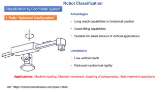 Classification by Coordinate System
Robot Classification
1. Polar / Spherical Configuration
Advantages
• Long reach capabilities in horizontal position
• Good lifting capabilities
• Suitable for small amount of vertical applications
Applications: Machine loading, Material movement, stacking of components, Heat treatment operations
Limitations
• Low vertical reach
• Reduced mechanical rigidity
Ref: https://electricalworkbook.com/polar-robot/
 