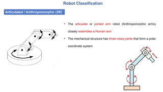 Articulated / Anthropomorphic (3R)
Robot Classification
• The articulate or jointed arm robot (Anthropomorphic arms)
closely resembles a Human arm
• The mechanical structure has three rotary joints that form a polar
coordinate system
 