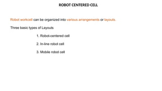 ROBOT CENTERED CELL
Robot workcell can be organized into various arrangements or layouts.
Three basic types of Layouts
1. Robot-centered cell
2. In-line robot cell
3. Mobile robot cell
 