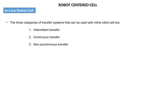 ROBOT CENTERED CELL
In-Line Robot Cell
• The three categories of transfer systems that can be used with inline robot cell are;
1. Intermittent transfer
2. Continuous transfer
3. Non-synchronous transfer
 