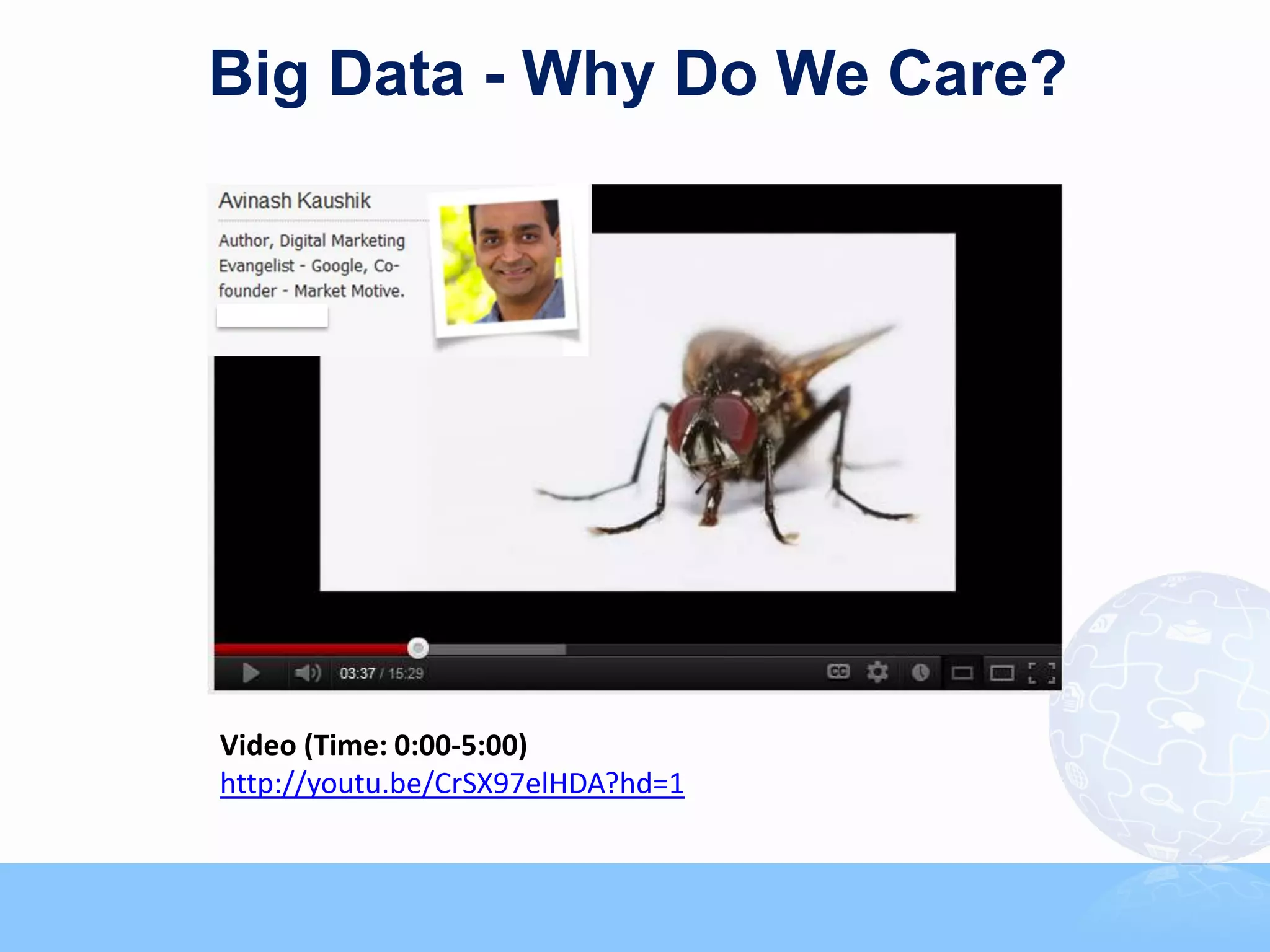 Big Data - Why Do We Care?




Video (Time: 0:00-5:00)
http://youtu.be/CrSX97elHDA?hd=1
 
