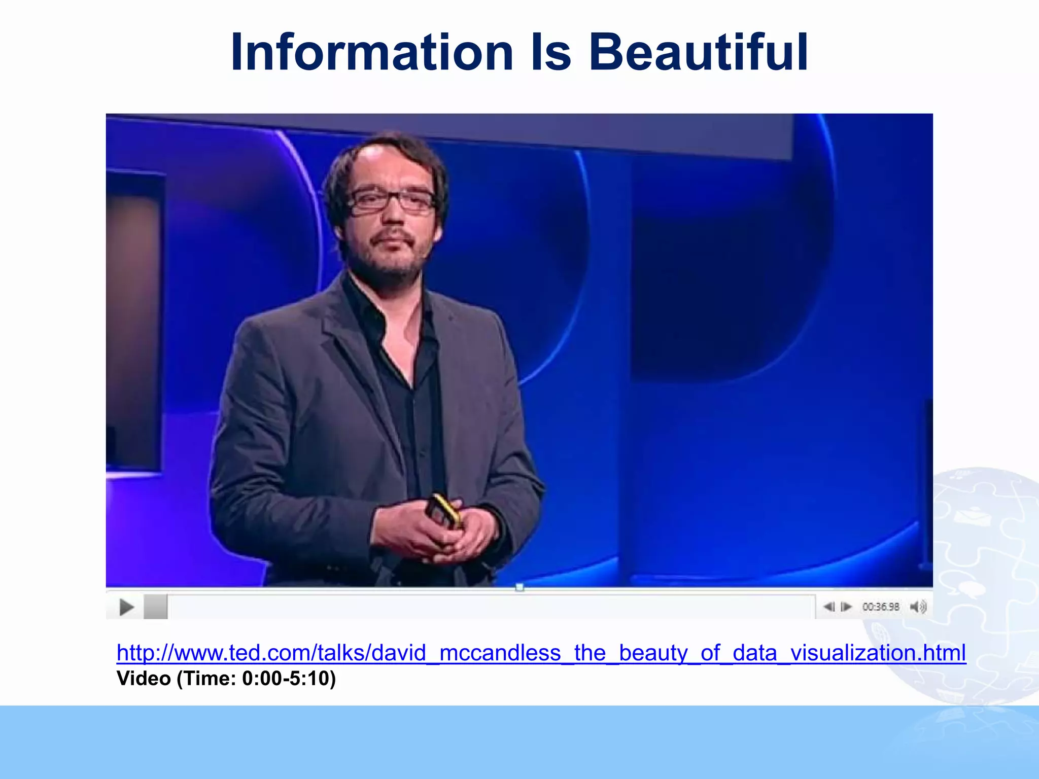 Information Is Beautiful




http://www.ted.com/talks/david_mccandless_the_beauty_of_data_visualization.html
Video (Time: 0:00-5:10)
 