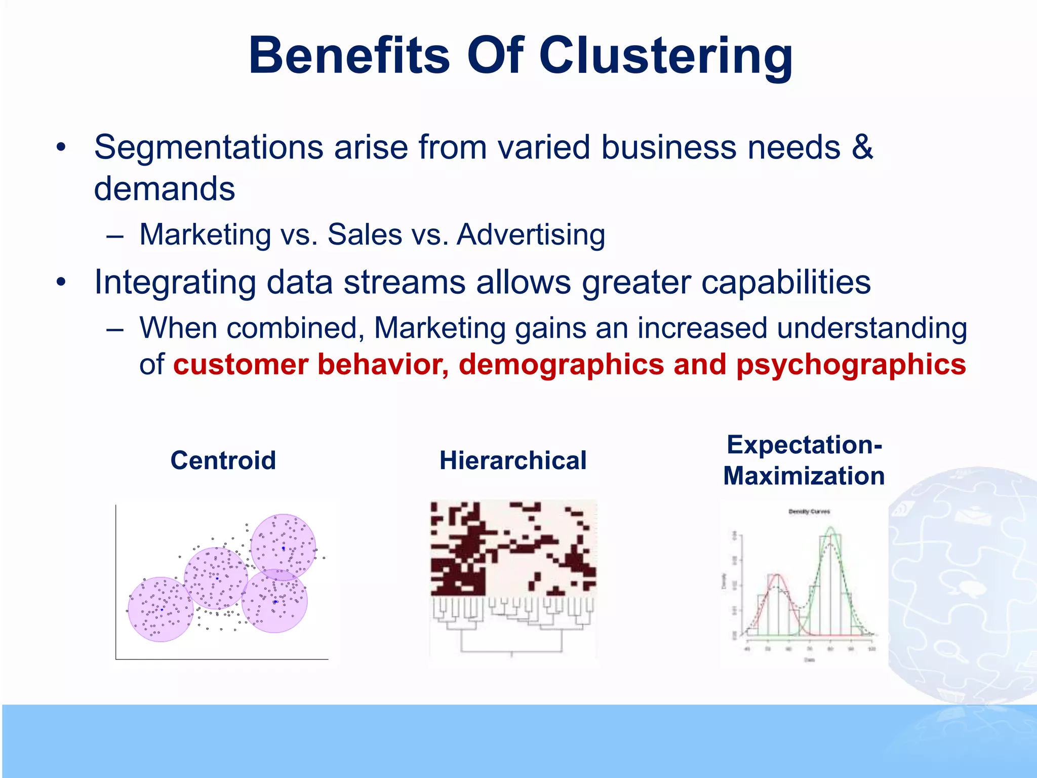 Benefits Of Clustering
• Segmentations arise from varied business needs &
  demands
   – Marketing vs. Sales vs. Advertising
• Integrating data streams allows greater capabilities
   – When combined, Marketing gains an increased understanding
     of customer behavior, demographics and psychographics

                                             Expectation-
       Centroid            Hierarchical
                                             Maximization
 