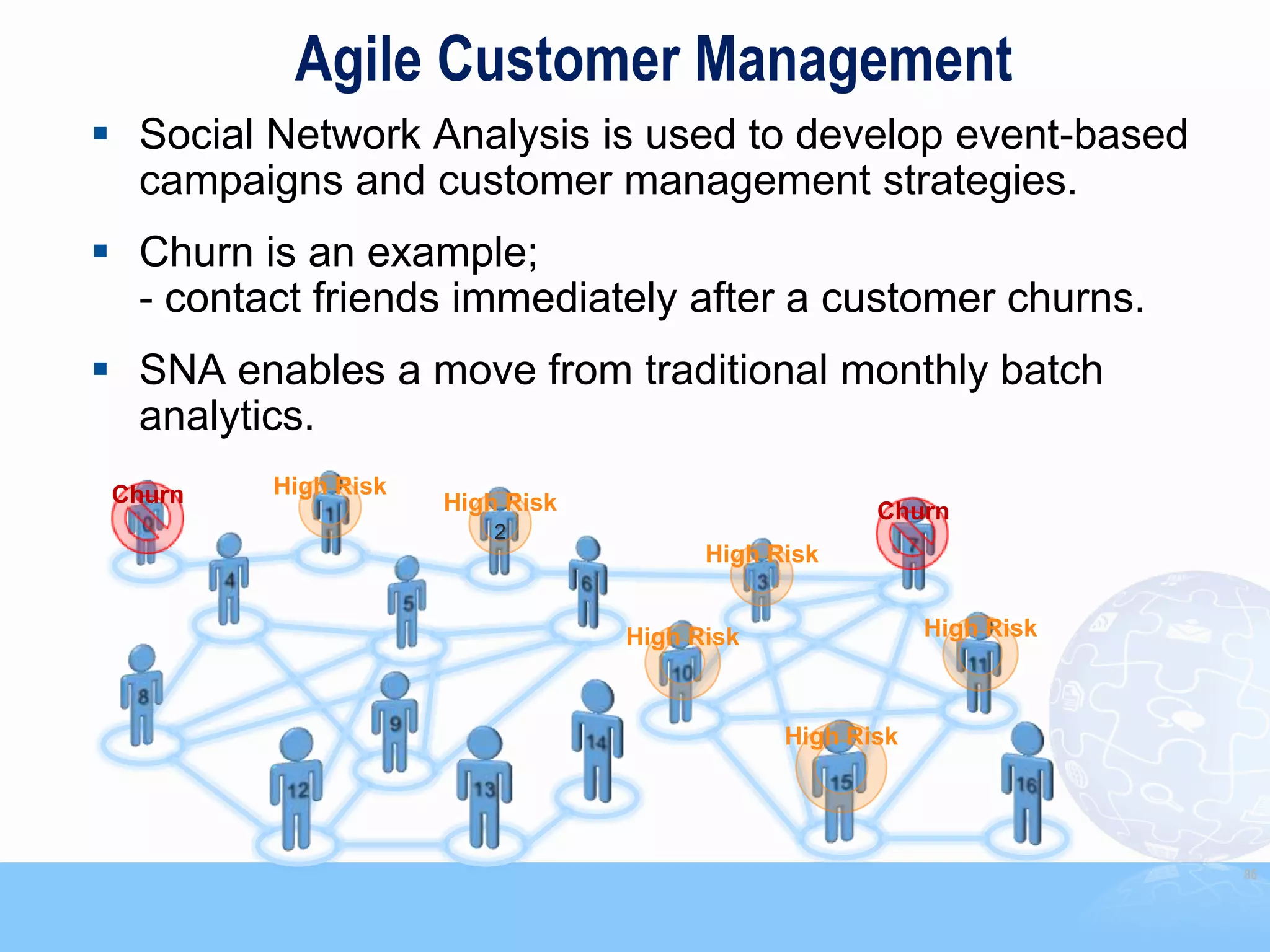 Agile Customer Management
 Social Network Analysis is used to develop event-based
  campaigns and customer management strategies.
 Churn is an example;
  - contact friends immediately after a customer churns.
 SNA enables a move from traditional monthly batch
  analytics.
 Churn   High Risk
                     High Risk                      Churn
                         2
                                       High Risk


                                 High Risk               High Risk



                                             High Risk




                                                                     86
 
