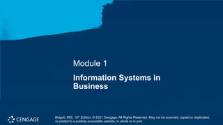 Bidgoli, MIS, 10th Edition. © 2021 Cengage. All Rights Reserved. May not be scanned, copied or duplicated, or
posted to a publicly accessible website, in whole or in part.
Module 1
Information Systems in
Business
Bidgoli, MIS, 10th Edition. © 2021 Cengage. All Rights Reserved. May not be scanned, copied or duplicated,
or posted to a publicly accessible website, in whole or in part.
 
