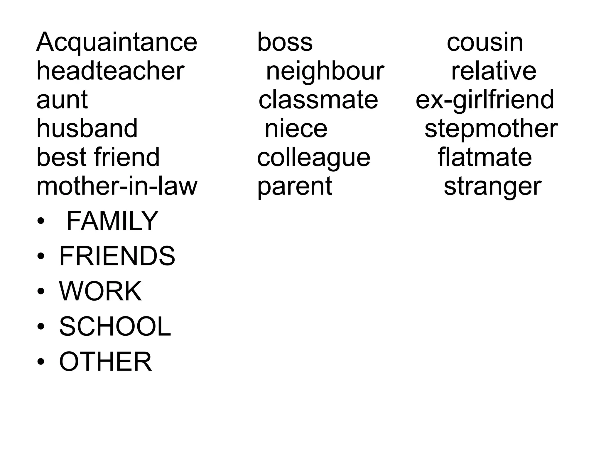 Acquaintance
headteacher
aunt
husband
best friend
mother-in-law
• FAMILY
• FRIENDS
• WORK
• SCHOOL
• OTHER

boss
neighbour
classmate
niece
colleague
parent

cousin
relative
ex-girlfriend
stepmother
flatmate
stranger

 