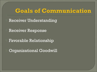  Receiver Understanding
 Receiver Response
 Favorable Relationship
 Organizational Goodwill
 