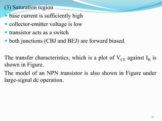 (3) Saturation region
 base current is sufficiently high
 collector-emitter voltage is low
 transistor acts as a switch
 both junctions (CBJ and BEJ) are forward biased.
The transfer characteristics, which is a plot of VCE against IB is
shown in Figure.
The model of an NPN transistor is also shown in Figure under
large-signal dc operation.
50
 