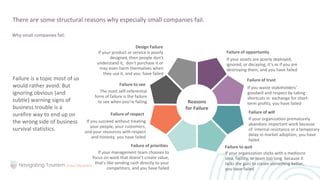 Failure is a topic most of us
would rather avoid. But
ignoring obvious (and
subtle) warning signs of
business trouble is a
surefire way to end up on
the wrong side of business
survival statistics.
There are some structural reasons why especially small companies fail.
Why small companies fail:
Reasons
for Failure
Failure of priorities
If your management team chooses to
focus on work that doesn’t create value,
that’s like sending cash directly to your
competitors, and you have failed
Failure to quit
If your organization sticks with a mediocre
idea, facility, or team too long because it
lacks the guts to create something better,
you have failed
Design Failure
If your product or service is poorly
designed, then people don’t
understand it, don’t purchase it or
may even harm themselves when
they use it, and you have failed
Failure of opportunity
If your assets are poorly deployed,
ignored, or decaying, it’s as if you are
destroying them, and you have failed
Failure of respect
If you succeed without treating
your people, your customers,
and your resources with respect
and honesty, you have failed
Failure of will
If your organization prematurely
abandons important work because
of internal resistance or a temporary
delay in market adoption, you have
failed
Failure to see
The most self-referential
form of failure is the failure
to see when you’re failing
Failure of trust
If you waste stakeholders’
goodwill and respect by taking
shortcuts in exchange for short-
term profits, you have failed
 
