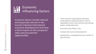Economic factors include national
and (especially relevant in the
tourism industry) international
economic developments that have
a direct impact on the companies'
sales and procurement
opportunities.
Economic
influencing factors
• Total economic output (gross domestic
product/gross national product), level of
disposable income and consumer purchasing
power, and growth rates
• Price level and inflation rate
• Interest rate level and development
• Employment, unemployment and number of
job vacancies
 