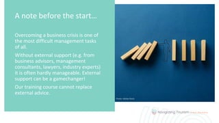 Overcoming a business crisis is one of
the most difficult management tasks
of all.
Without external support (e.g. from
business advisors, management
consultants, lawyers, industry experts)
it is often hardly manageable. External
support can be a gamechanger!
Our training course cannot replace
external advice.
A note before the start…
Photo: Adobe Stock
 