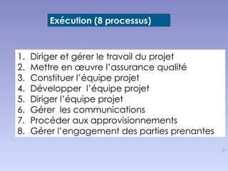 47
1. Diriger et gérer le travail du projet
2. Mettre en œuvre l’assurance qualité
3. Constituer l’équipe projet
4. Développer l’équipe projet
5. Diriger l’équipe projet
6. Gérer les communications
7. Procéder aux approvisionnements
8. Gérer l’engagement des parties prenantes
Exécution (8 processus)
 