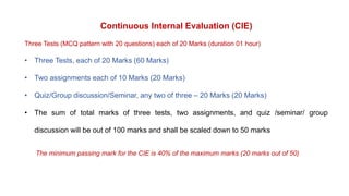 Continuous Internal Evaluation (CIE)
Three Tests (MCQ pattern with 20 questions) each of 20 Marks (duration 01 hour)
• Three Tests, each of 20 Marks (60 Marks)
• Two assignments each of 10 Marks (20 Marks)
• Quiz/Group discussion/Seminar, any two of three – 20 Marks (20 Marks)
• The sum of total marks of three tests, two assignments, and quiz /seminar/ group
discussion will be out of 100 marks and shall be scaled down to 50 marks
The minimum passing mark for the CIE is 40% of the maximum marks (20 marks out of 50)
 