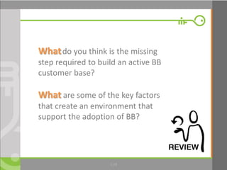 1.19
Whatdo you think is the missing
step required to build an active BB
customer base?
What are some of the key factors
that create an environment that
support the adoption of BB?
 