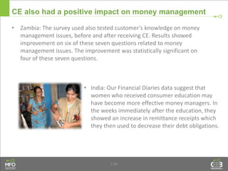 1.29
CE also had a positive impact on money management
• Zambia: The survey used also tested customer’s knowledge on money
management issues, before and after receiving CE. Results showed
improvement on six of these seven questions related to money
management issues. The improvement was statistically significant on
four of these seven questions.
• India: Our Financial Diaries data suggest that
women who received consumer education may
have become more effective money managers. In
the weeks immediately after the education, they
showed an increase in remittance receipts which
they then used to decrease their debt obligations.
 