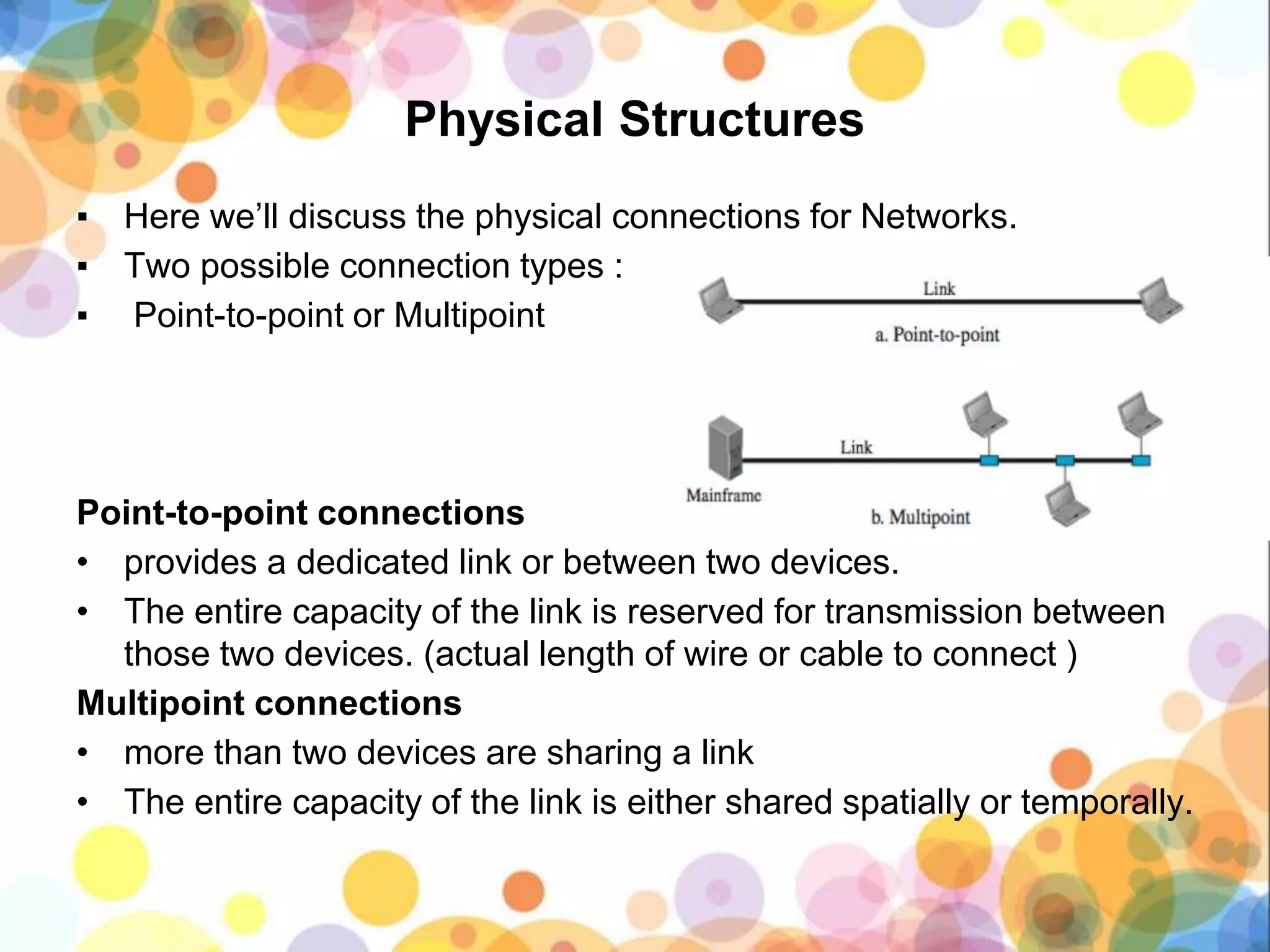 Physical Structures
▪ Here we’ll discuss the physical connections for Networks.
▪ Two possible connection types :
▪ Point-to-point or Multipoint
Point-to-point connections
• provides a dedicated link or between two devices.
• The entire capacity of the link is reserved for transmission between
those two devices. (actual length of wire or cable to connect )
Multipoint connections
• more than two devices are sharing a link
• The entire capacity of the link is either shared spatially or temporally.
 