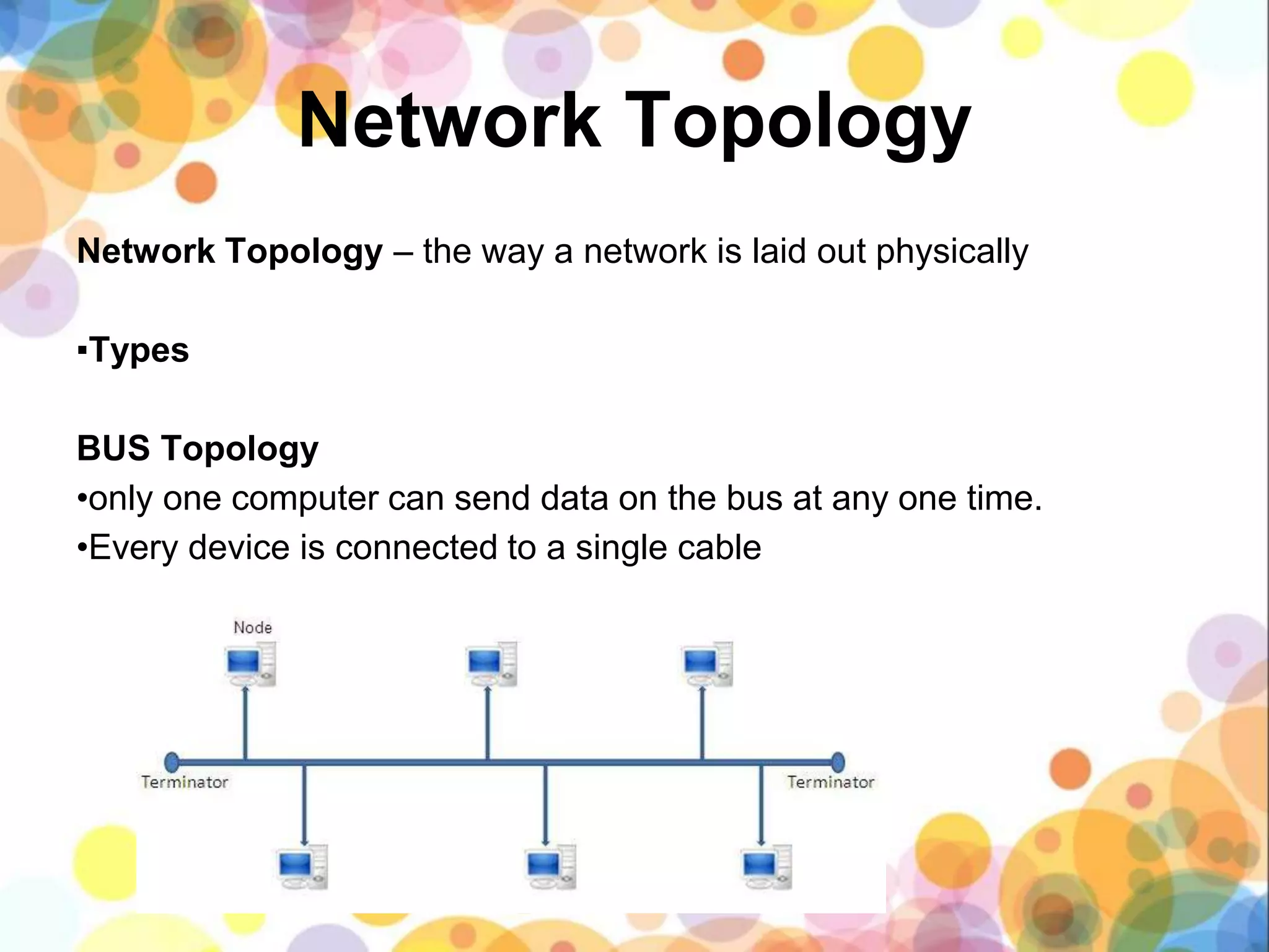 Network Topology – the way a network is laid out physically
▪Types
BUS Topology
•only one computer can send data on the bus at any one time.
•Every device is connected to a single cable
Network Topology
 