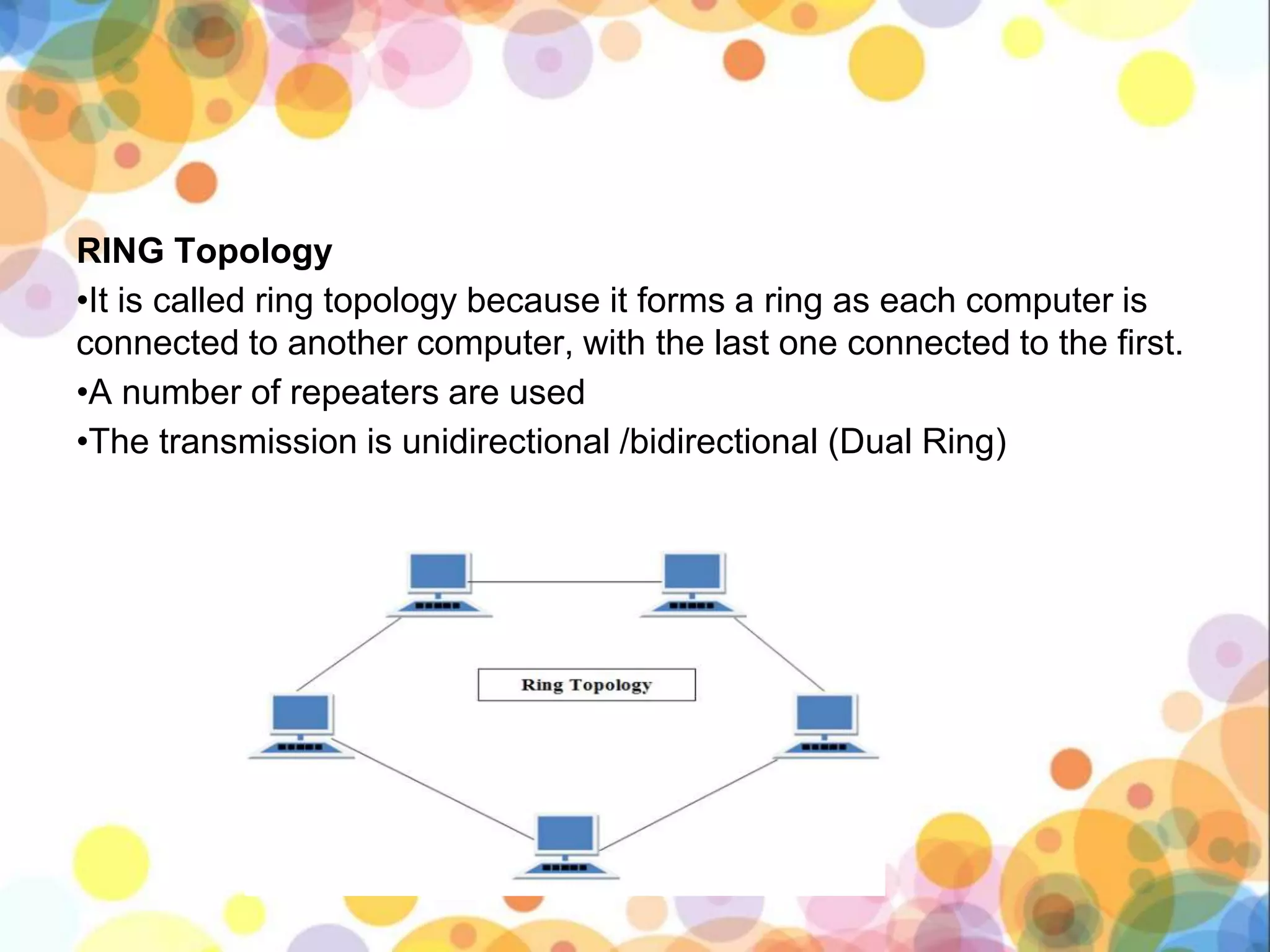 RING Topology
•It is called ring topology because it forms a ring as each computer is
connected to another computer, with the last one connected to the first.
•A number of repeaters are used
•The transmission is unidirectional /bidirectional (Dual Ring)
 