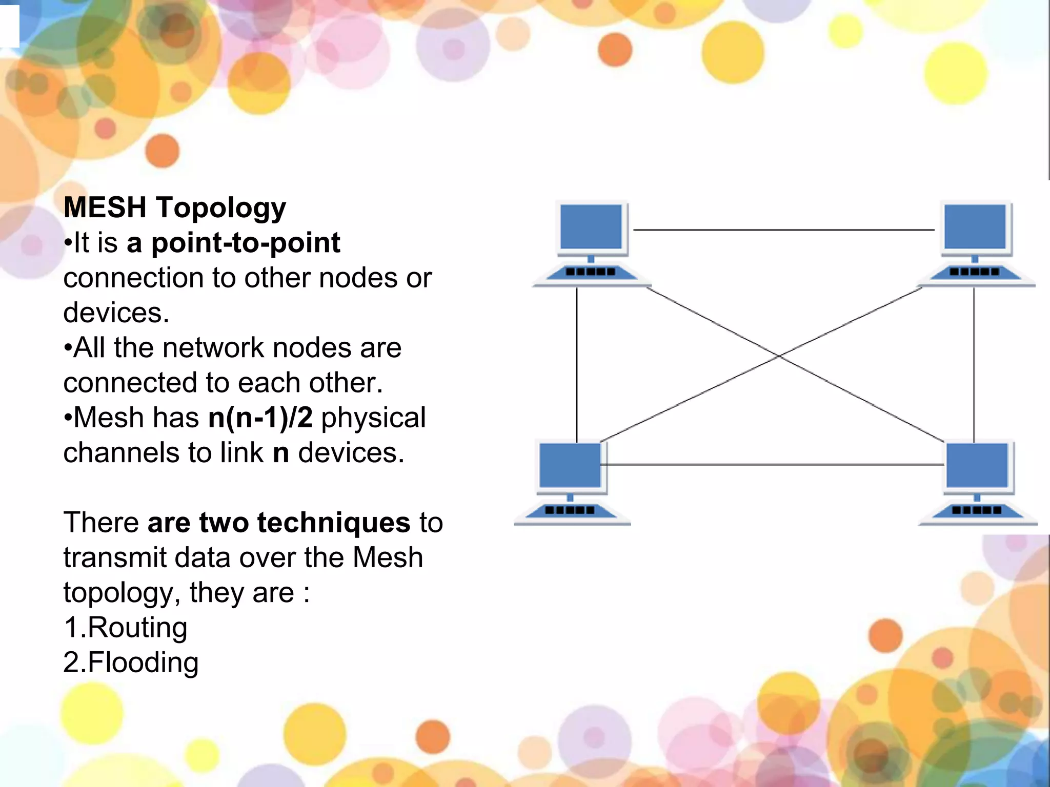 MESH Topology
•It is a point-to-point
connection to other nodes or
devices.
•All the network nodes are
connected to each other.
•Mesh has n(n-1)/2 physical
channels to link n devices.
There are two techniques to
transmit data over the Mesh
topology, they are :
1.Routing
2.Flooding
 