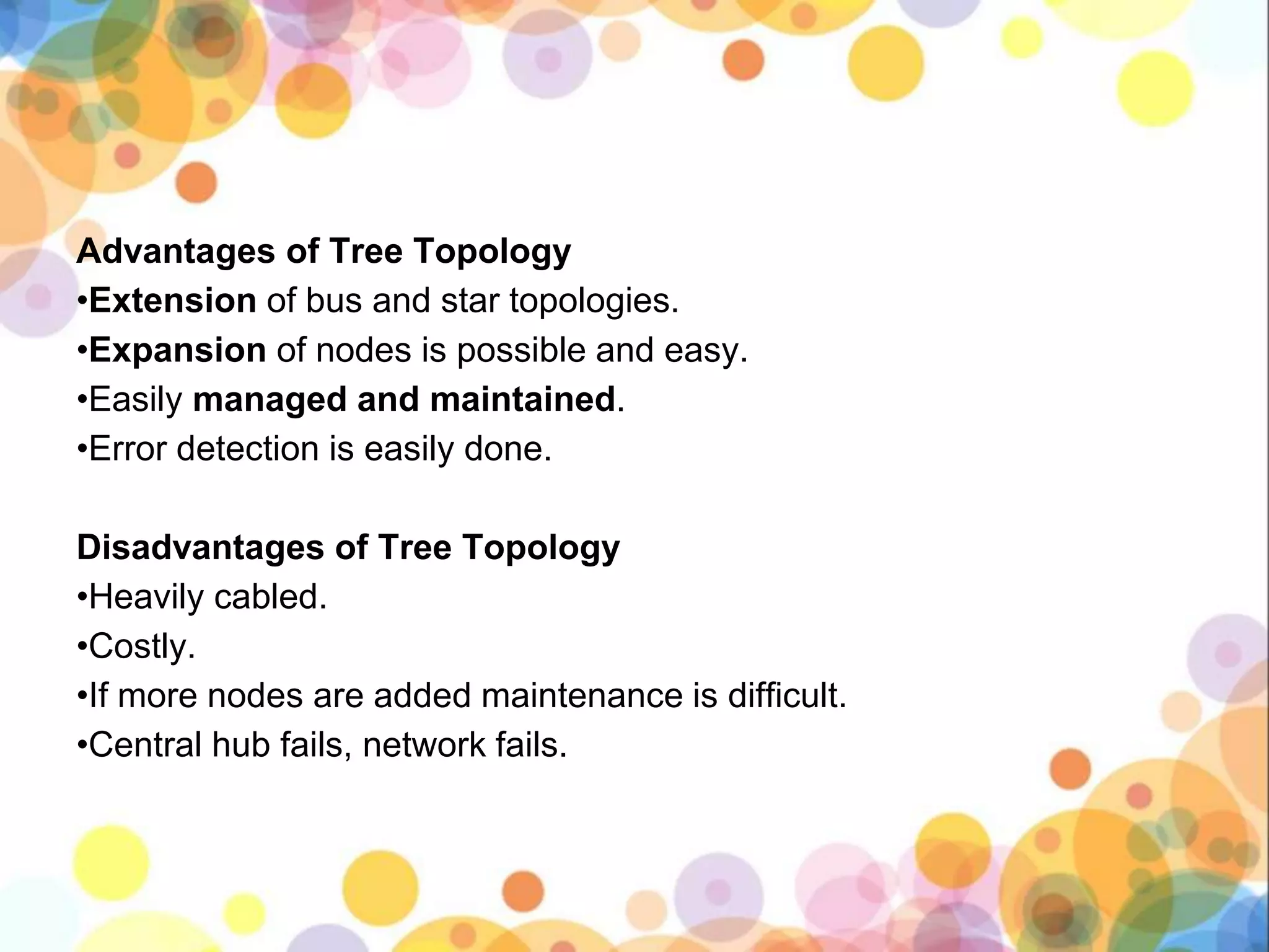 Advantages of Tree Topology
•Extension of bus and star topologies.
•Expansion of nodes is possible and easy.
•Easily managed and maintained.
•Error detection is easily done.
Disadvantages of Tree Topology
•Heavily cabled.
•Costly.
•If more nodes are added maintenance is difficult.
•Central hub fails, network fails.
 