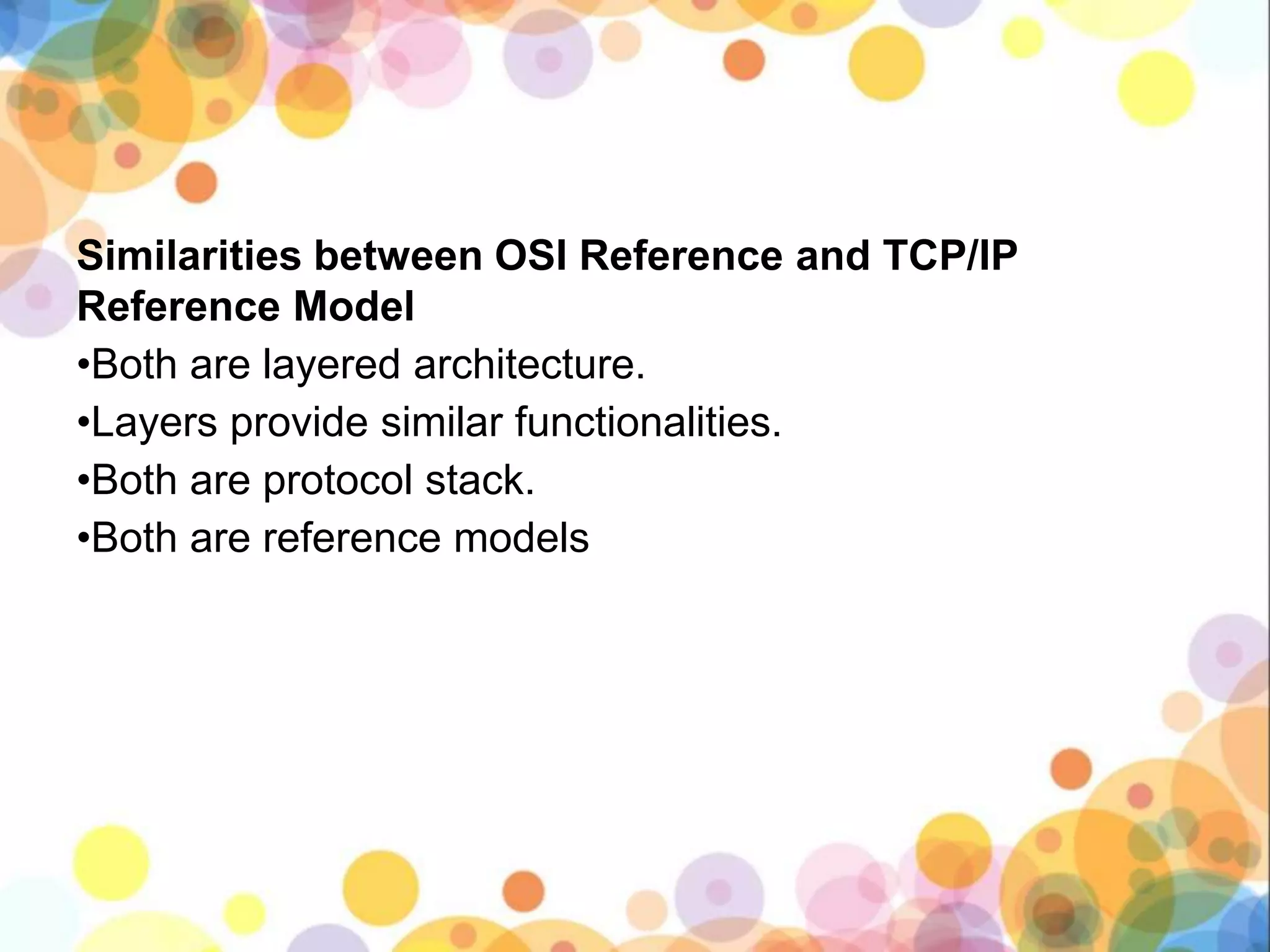 Similarities between OSI Reference and TCP/IP
Reference Model
•Both are layered architecture.
•Layers provide similar functionalities.
•Both are protocol stack.
•Both are reference models
 