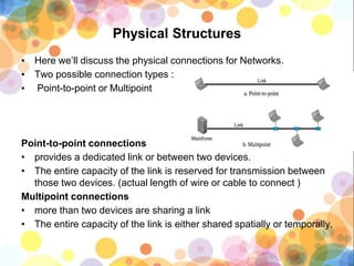 Physical Structures
▪ Here we’ll discuss the physical connections for Networks.
▪ Two possible connection types :
▪ Point-to-point or Multipoint
Point-to-point connections
• provides a dedicated link or between two devices.
• The entire capacity of the link is reserved for transmission between
those two devices. (actual length of wire or cable to connect )
Multipoint connections
• more than two devices are sharing a link
• The entire capacity of the link is either shared spatially or temporally.
 