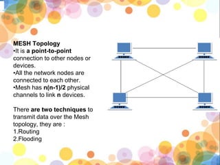 MESH Topology
•It is a point-to-point
connection to other nodes or
devices.
•All the network nodes are
connected to each other.
•Mesh has n(n-1)/2 physical
channels to link n devices.
There are two techniques to
transmit data over the Mesh
topology, they are :
1.Routing
2.Flooding
 