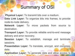 Summary of OSI
Physical Layer: To transmit bits over a medium.
Data Link Layer: To organize bits into frames; to provide
node-to-node delivery.
Network Layer: To move packets from source to
destination.
Transport Layer: To provide reliable end-to-end message
delivery and error recovery.
Session Layer: To establish, manage and terminate
sessions.
Presentation Layer: To translate, encrypt, and compress
data.
Application Layer: To generate data and allow access to
 