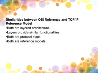 Similarities between OSI Reference and TCP/IP
Reference Model
•Both are layered architecture.
•Layers provide similar functionalities.
•Both are protocol stack.
•Both are reference models
 