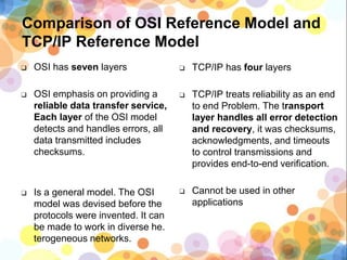 Comparison of OSI Reference Model and
TCP/IP Reference Model
❑ OSI has seven layers
❑ OSI emphasis on providing a
reliable data transfer service,
Each layer of the OSI model
detects and handles errors, all
data transmitted includes
checksums.
❑ Is a general model. The OSI
model was devised before the
protocols were invented. It can
be made to work in diverse he.
terogeneous networks.
❑ TCP/IP has four layers
❑ TCP/IP treats reliability as an end
to end Problem. The transport
layer handles all error detection
and recovery, it was checksums,
acknowledgments, and timeouts
to control transmissions and
provides end-to-end verification.
❑ Cannot be used in other
applications
 