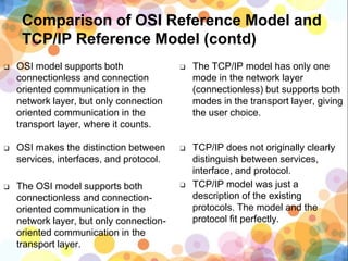 Comparison of OSI Reference Model and
TCP/IP Reference Model (contd)
❑ OSI model supports both
connectionless and connection
oriented communication in the
network layer, but only connection
oriented communication in the
transport layer, where it counts.
❑ OSI makes the distinction between
services, interfaces, and protocol.
❑ The OSI model supports both
connectionless and connection-
oriented communication in the
network layer, but only connection-
oriented communication in the
transport layer.
❑ The TCP/IP model has only one
mode in the network layer
(connectionless) but supports both
modes in the transport layer, giving
the user choice.
❑ TCP/IP does not originally clearly
distinguish between services,
interface, and protocol.
❑ TCP/IP model was just a
description of the existing
protocols. The model and the
protocol fit perfectly.
 