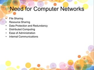 Need for Computer Networks
• File Sharing
• Resource Sharing
• Data Protection and Redundancy
• Distributed Computing
• Ease of Administration
• Internal Communications
 