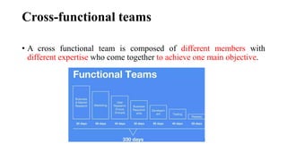 Cross-functional teams
• A cross functional team is composed of different members with
different expertise who come together to achieve one main objective.
 