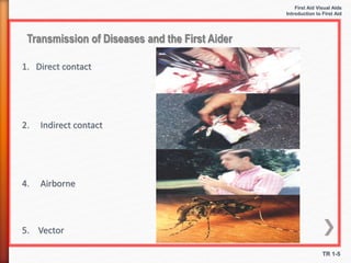 First Aid Visual Aids
Introduction to First Aid
TR 1-5
Transmission of Diseases and the First Aider
1. Direct contact
2. Indirect contact
4. Airborne
5. Vector
 