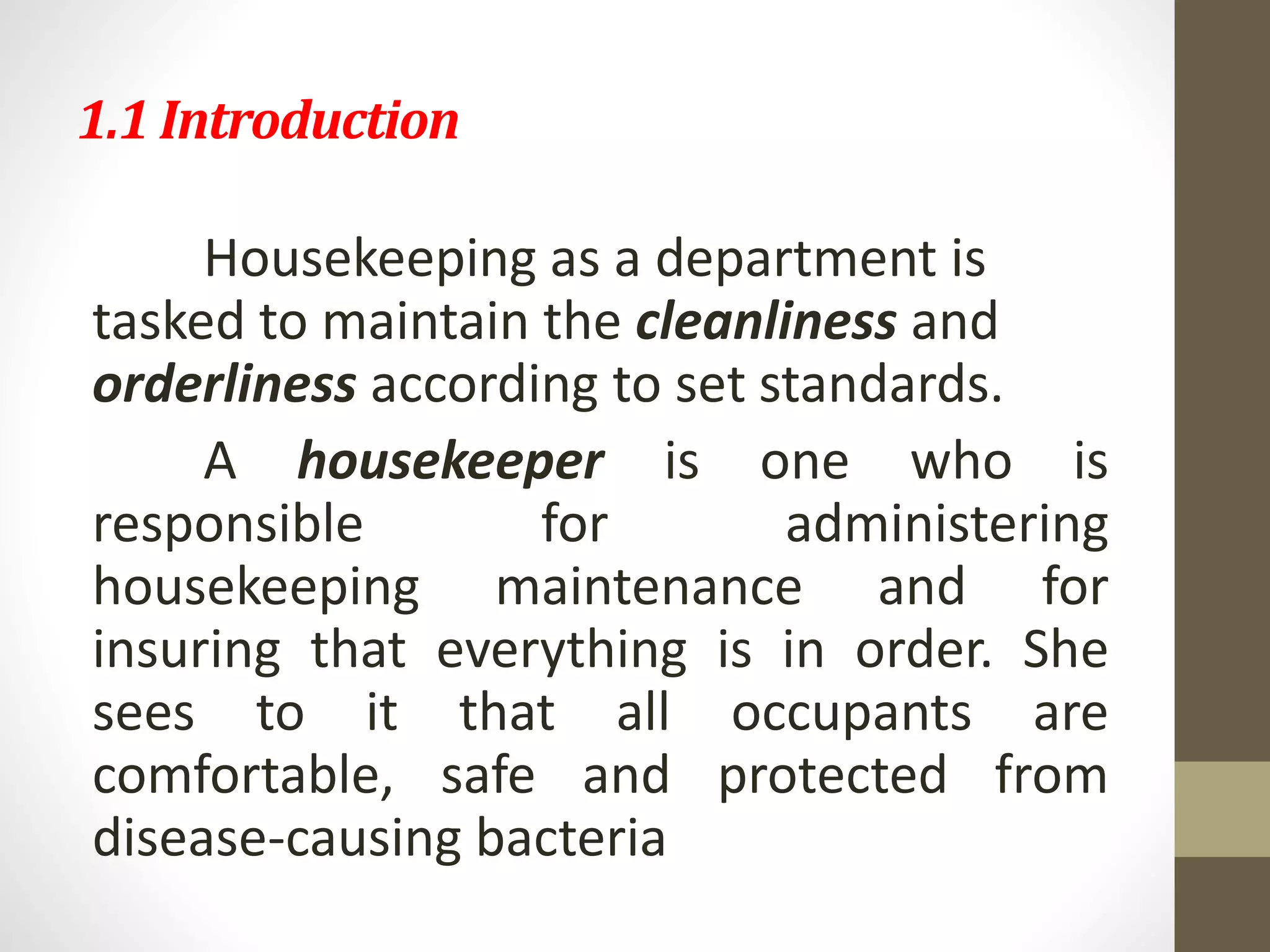 Module 1 introduction to houskeeping operations | PPTX
