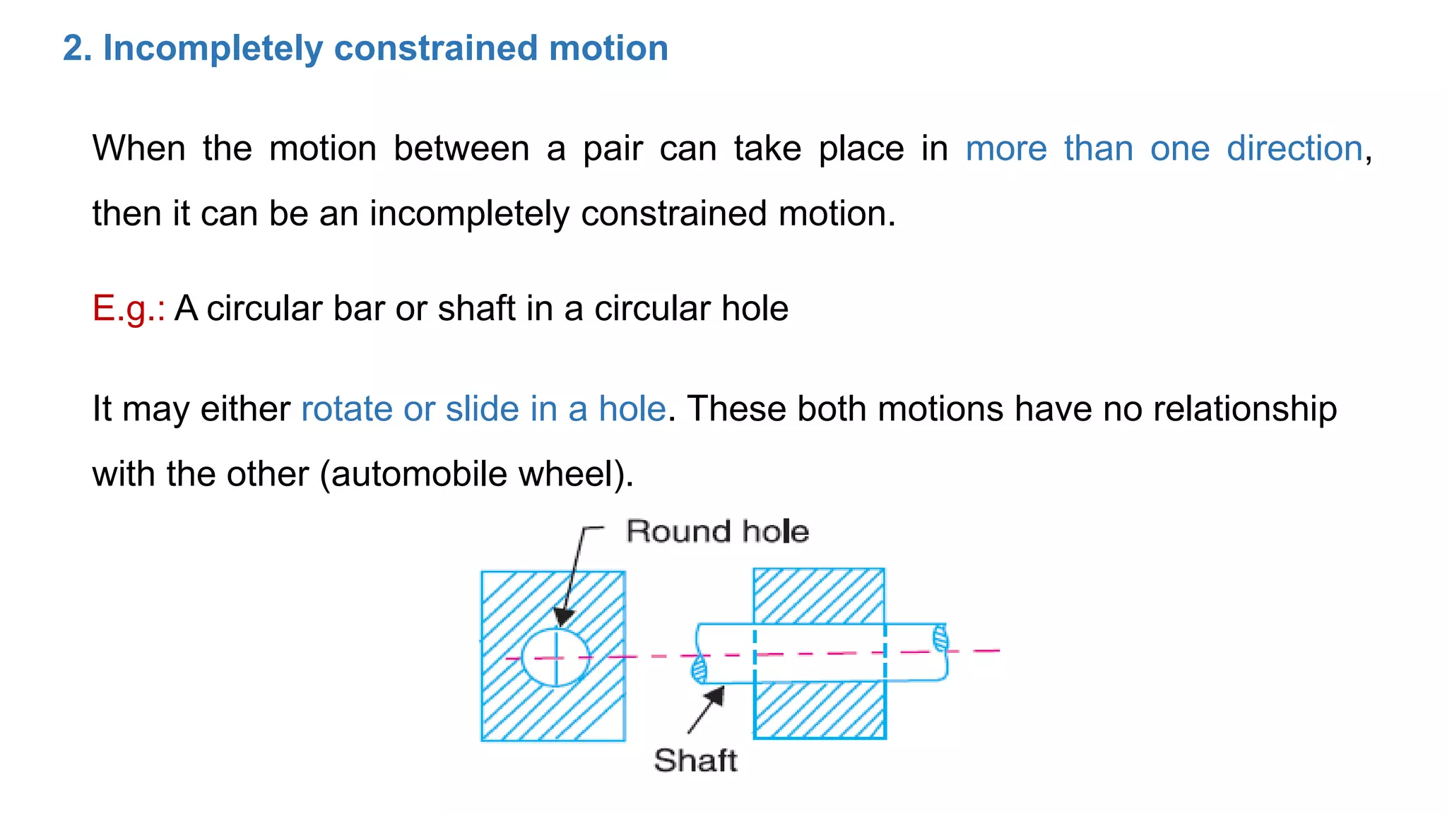 2. Incompletely constrained motion
When the motion between a pair can take place in more than one direction,
then it can be an incompletely constrained motion.
E.g.: A circular bar or shaft in a circular hole
It may either rotate or slide in a hole. These both motions have no relationship
with the other (automobile wheel).
 